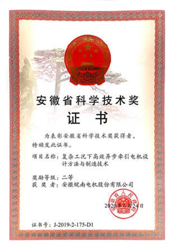 2019年安徽省科技進步二等獎:皖南電機:“復雜工況下高效異步牽引電機設計方法與制造技術” 2019年安徽省科技進步二等獎:皖南電機:“復雜工況下高效異步牽引電機設計方法與制造技術”
